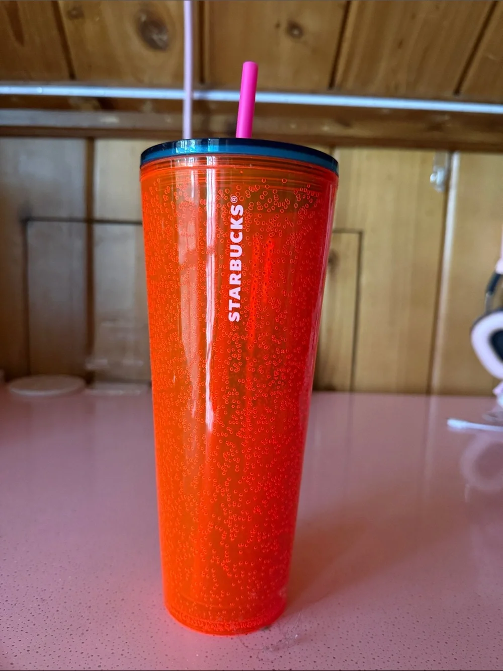 Starbucks Pink Straw Orange Bubble Tumbler - Reusable Cold Cup